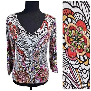 Alberto Makali Y2K Beaded Sequin Floral Psychedelic Jersey Top Large Glam Rocker